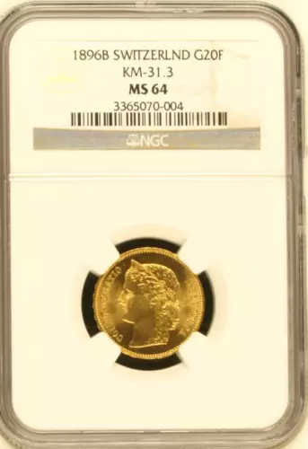 1896B Switzerland Gold 20 Francs KM-31.3 - NGC MS-64