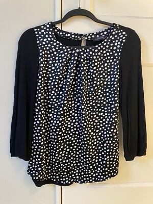 The Limited Top Womens S Polka Dot Satin Front Knit Black Sleeve Pullover Blouse