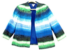 Chico s Women Open 3/4 Sleeve Blazer Blue Green Multi Striped Sz 1 Lined Pre-Own