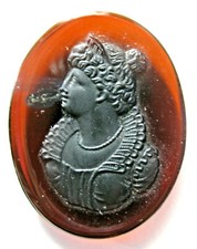 Amber or Simulant Intagio Carving of Elizabethan Woman 28 mm x 36 mm
