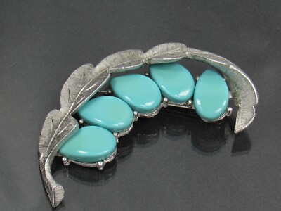 KRAMER Turquoise Blue Lucite Discs Silver Textured Leaf Brooch