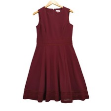 Calvin Klein Fit and Flare Dress Women 10 Burgundy Mesh Illusion Trim Sleeveless