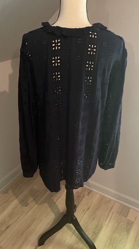 Chemisier manches longues à oeillets brodés Chico’s taille 2/L 12-14 bleu marine classique 99€ - Photo 4/8