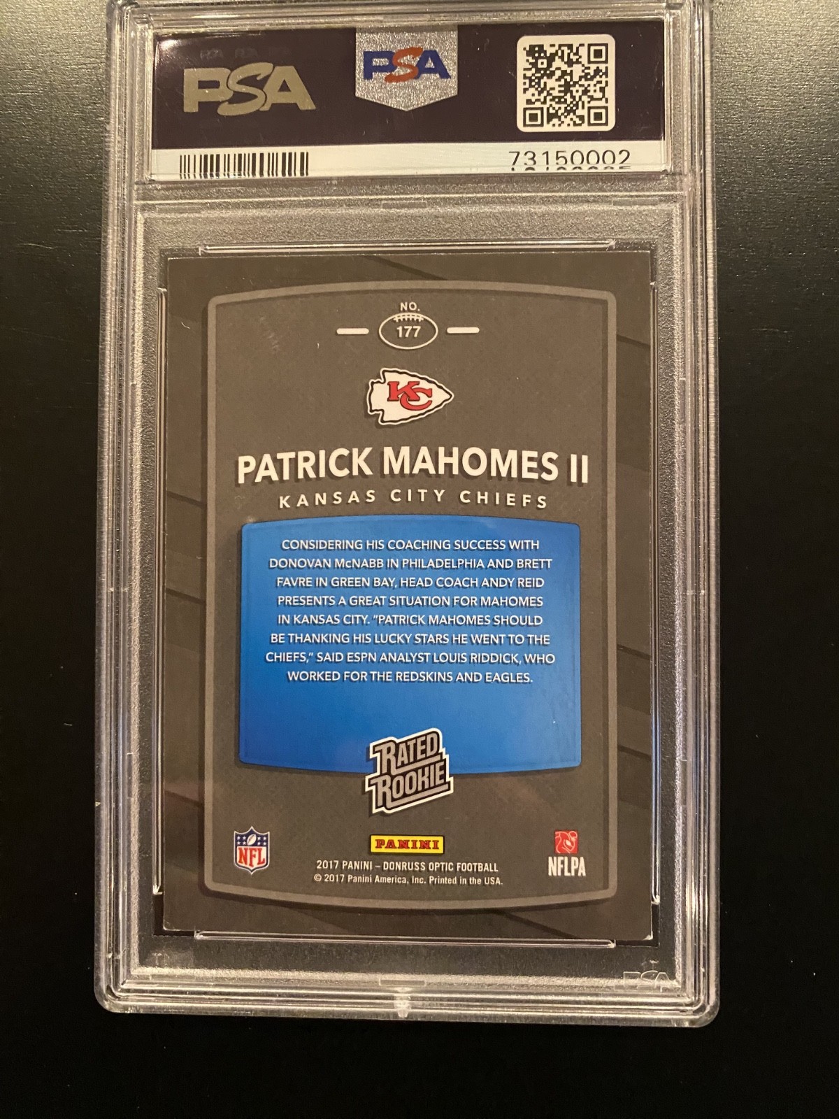 2017 Donruss Optic - Rated Rookie Patrick Mahomes II #177 (RC) PSA 8 view 2