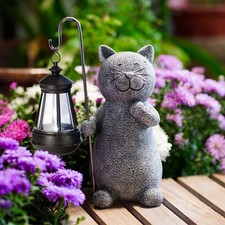 Yeomoo Katze Gartenfigur mit Solarlampen Deko f&uuml;r Au&szlig;en Garten Zimmer Grau