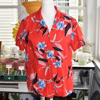 Vintage Paradise Found Hawaii Red Tropical Floral Hawaiian Shirt M