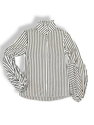 CAROLINE CONSTAS High Collar Bishop Sleeve Striped Button Shirt sz S White/Gray
