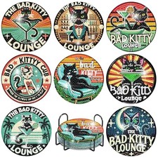 8PCS Funny Cat Diamond Painting Coaster Kit with Holder,Bad Kitty BDWY243