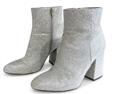 Madden Girl Swirl Silver Glitter Boots Womens 9.5M Block Heel Sparkle Bootie EUC