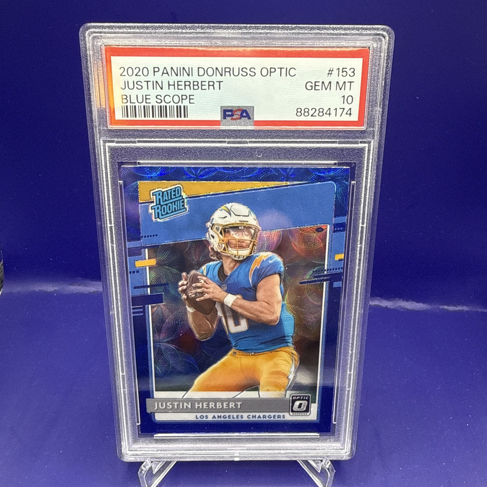 2020 Panini Donruss Optic Justin Herbert Blue Scope Prizm Rated Rookie PSA 10