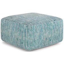 Simpli Home Nate Boho Square Pouf in Patterned Teal Melange Cotton