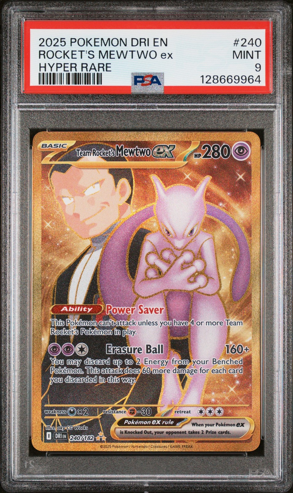 2025 POKEMON DRI EN-DESTINED RIVALS HYPER RARE TEAM ROCKET'S MEWTWO EX PSA 9
