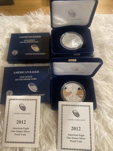 (2) 2012-W American Silver Eagle Proof Coins - 1oz .999 Silver - OGP & COA Lot