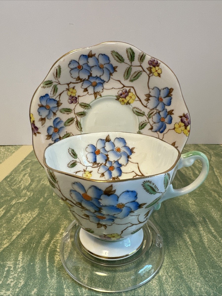 Vtg 50's Foley Pink Springdale Blue Flowers Bone China Tea