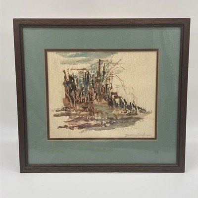 Original Watercolor Abstract Waters Edge Scene Signed Matted Framed Blue/Browns