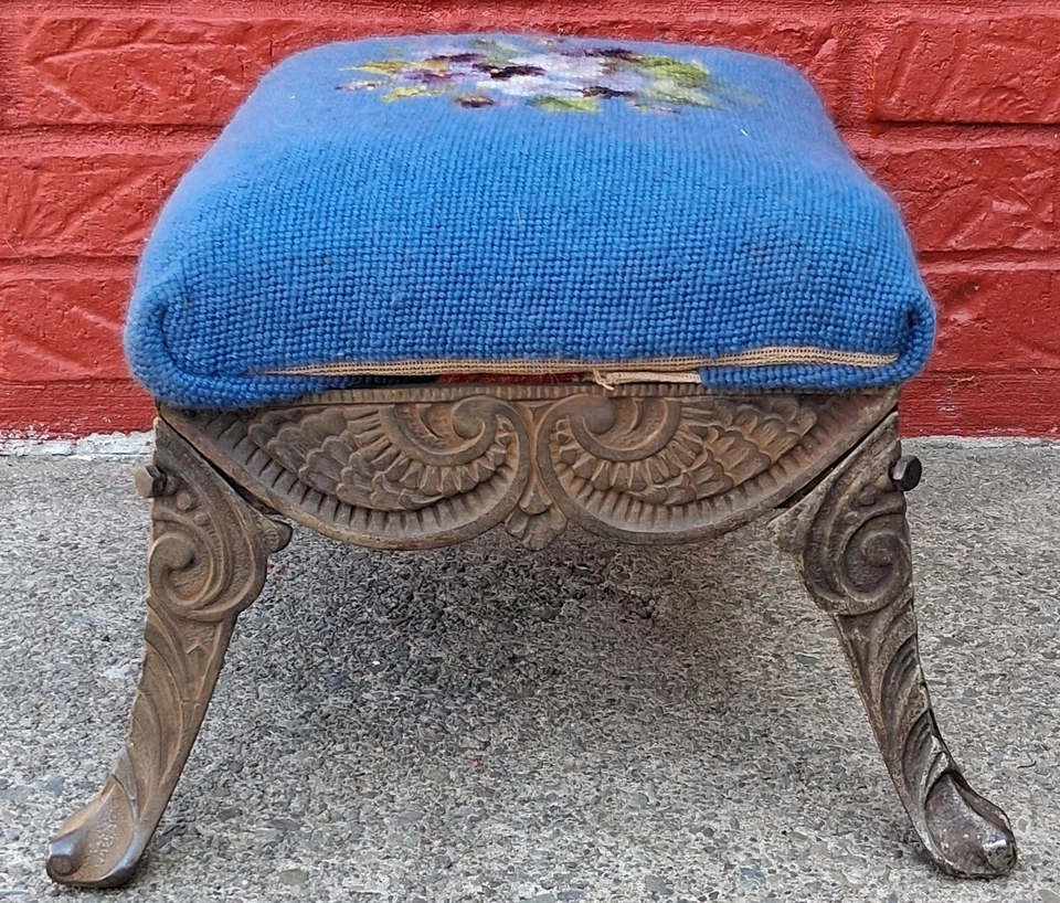 Antiguo taburete de banco otomano vintage victoriano de acero de metal para arrodillarse tela floral Foto 4 de 4