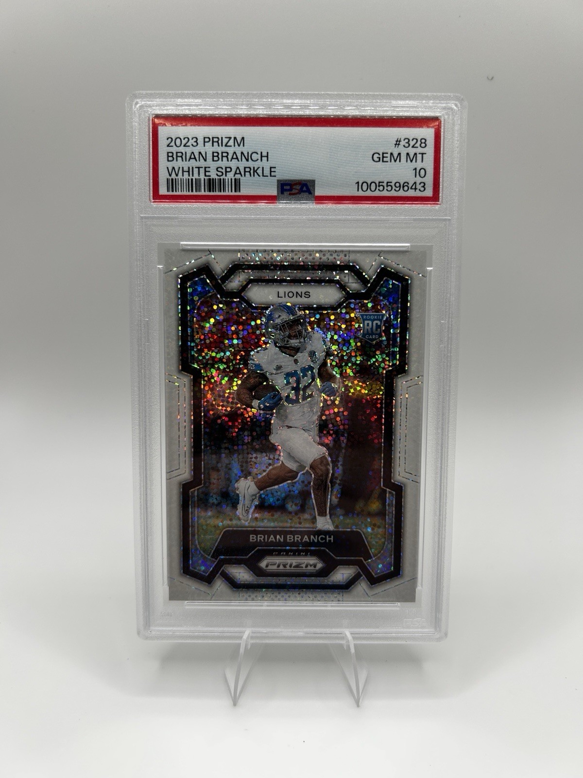 2023 Panini Prizm Rookies Brian Branch Detroit Lions #328 White Sparkle PSA 10