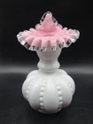 Fenton Jack in the Pulpit Pink White Cased Beaded Melon Vase w/Silver Crest
