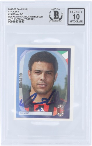 Ronaldo AC Milan Signed '07-08 Panini UEFA Champs League Sticker #25 BAS 10 Card