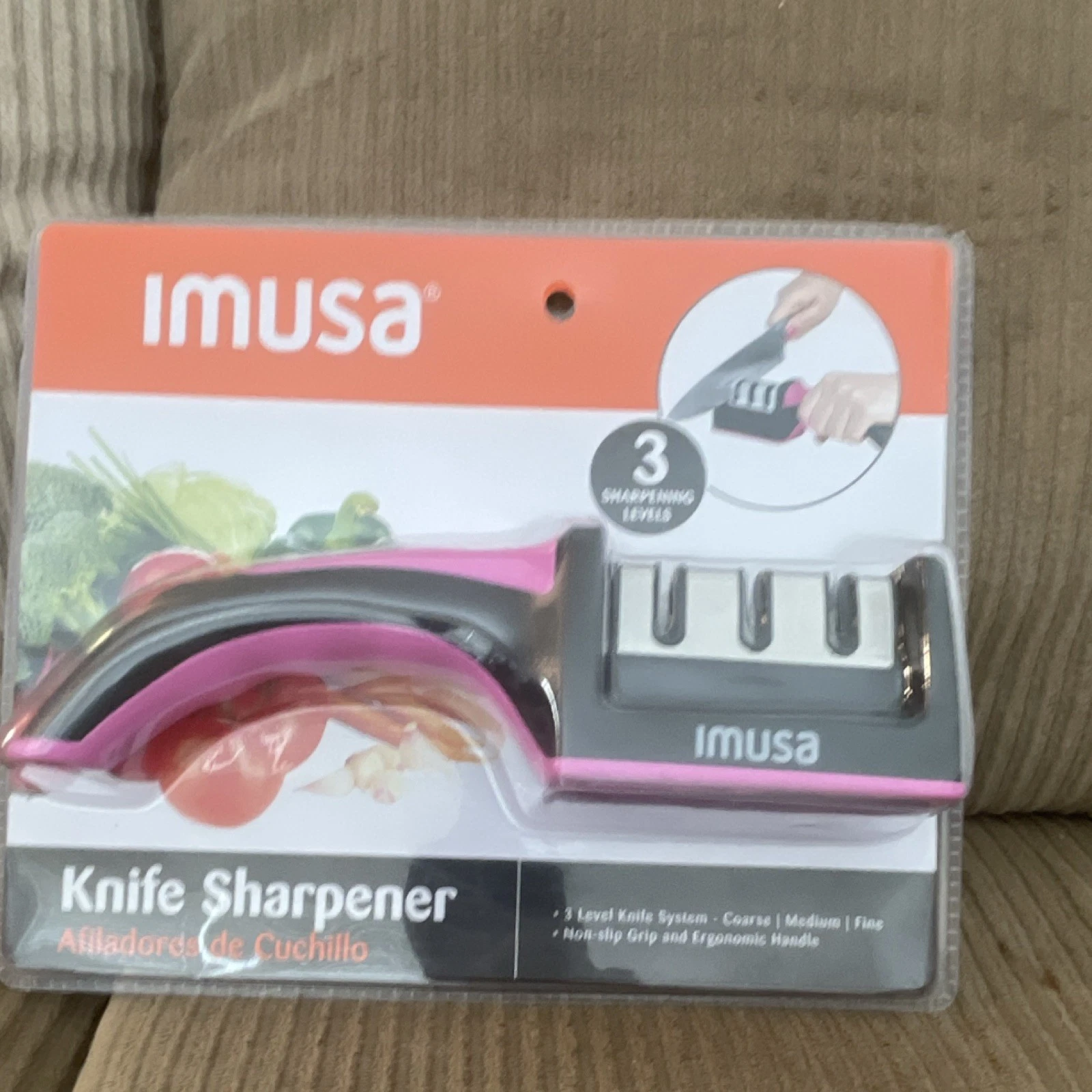 Imusa Manual Knife Sharpener Non-Slip Ergonomic Handle Pink Gray Black Plastic