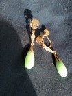 Vintage 14K Yellow Gold Green Jadeite  Longevity Dangle Screw-Back Earrings — photo 2