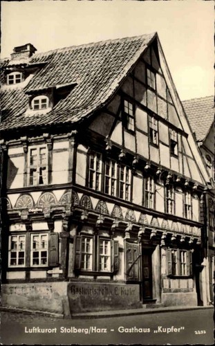 Stolberg ~1960 DDR Harz Partie Gasthaus Kupfer Lokal Fachwerkhaus Haus Gebäude