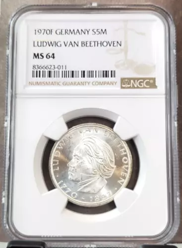 1970 GERMANY SILVER 5 MARK LUDWIG VON BEETHOVEN NGC MS 64 GREAT BU COIN