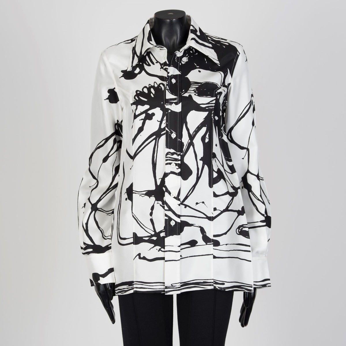 CELINE 2290$ Mulberry Silk Shirt, Black & White, Abstract
