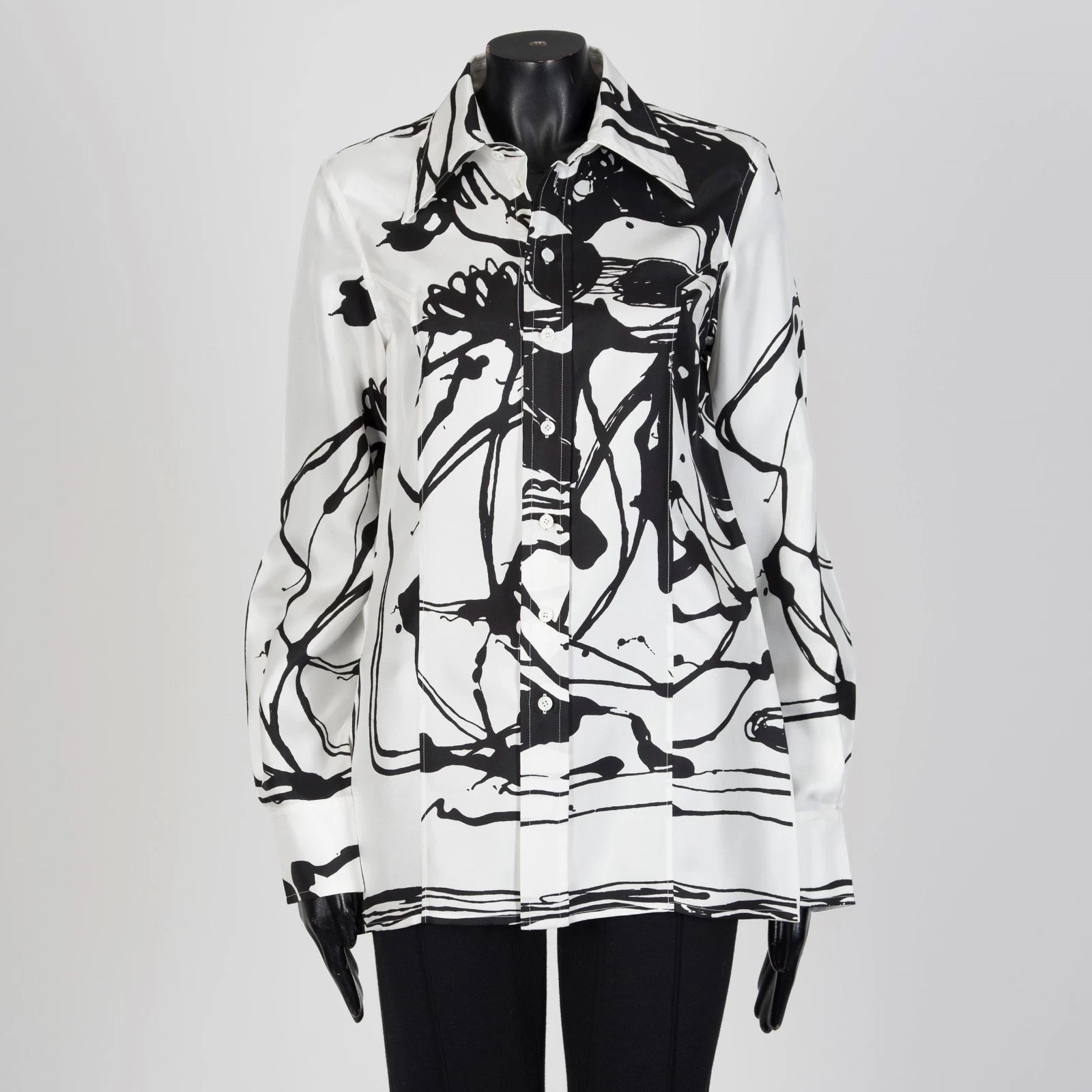 Celine — CELINE 2290$ Mulberry Silk Shirt, Black & White, Abstract Print, Phoebe Philo