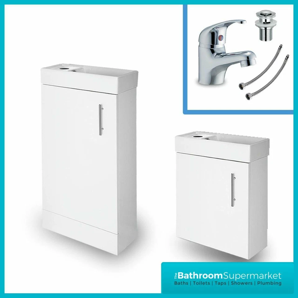 White Gloss Bathroom Vanity Unit Basin Sink Compact Cloakroom Cabinet Basin Tap