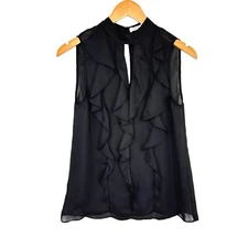 Parker Womens Ruffle Keyhole Neck Sleeveless Top Size Small Black Semi Sheer