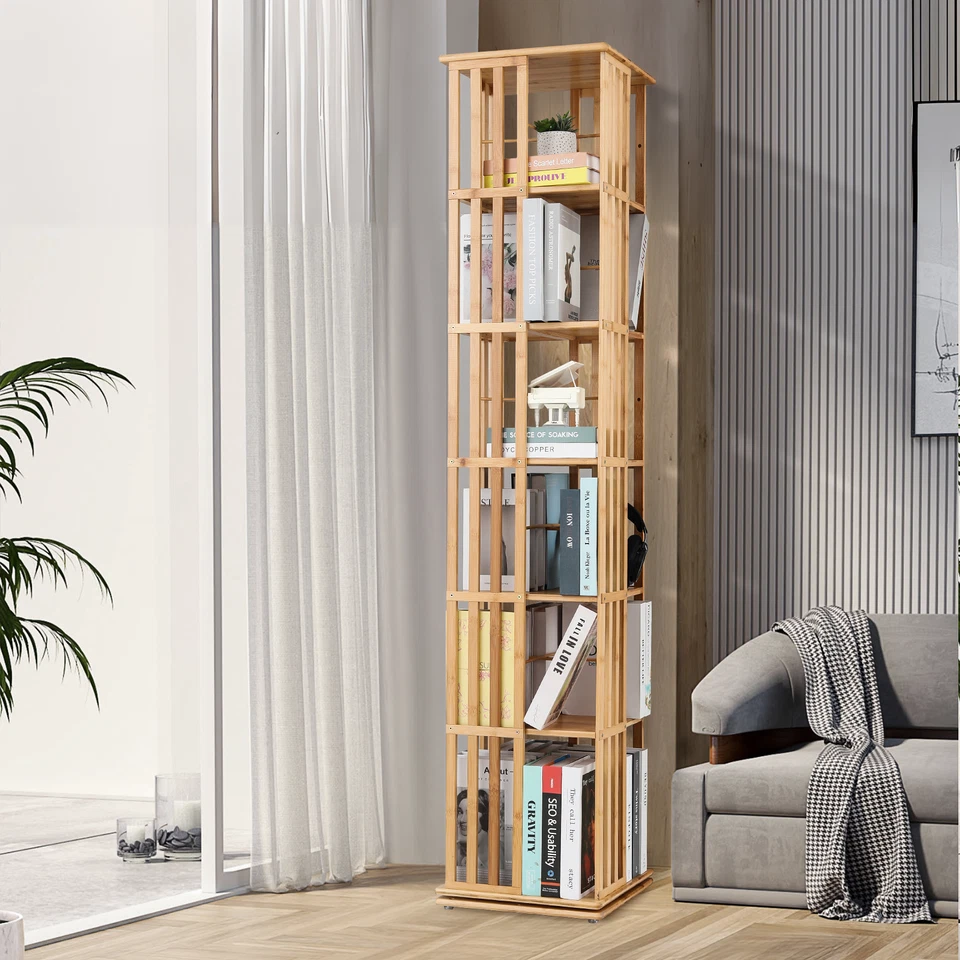 5 Tiers Bamboo [ROTATABLE BOOKSHELF] Open Shelving Magazine Storage Rack Natural - Image 4 of 4