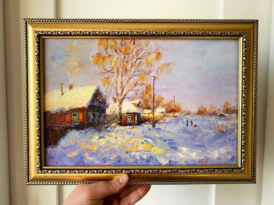 original oil painting snow art winter village Landscape on canvas 8x12 inches Foto 2 de 4