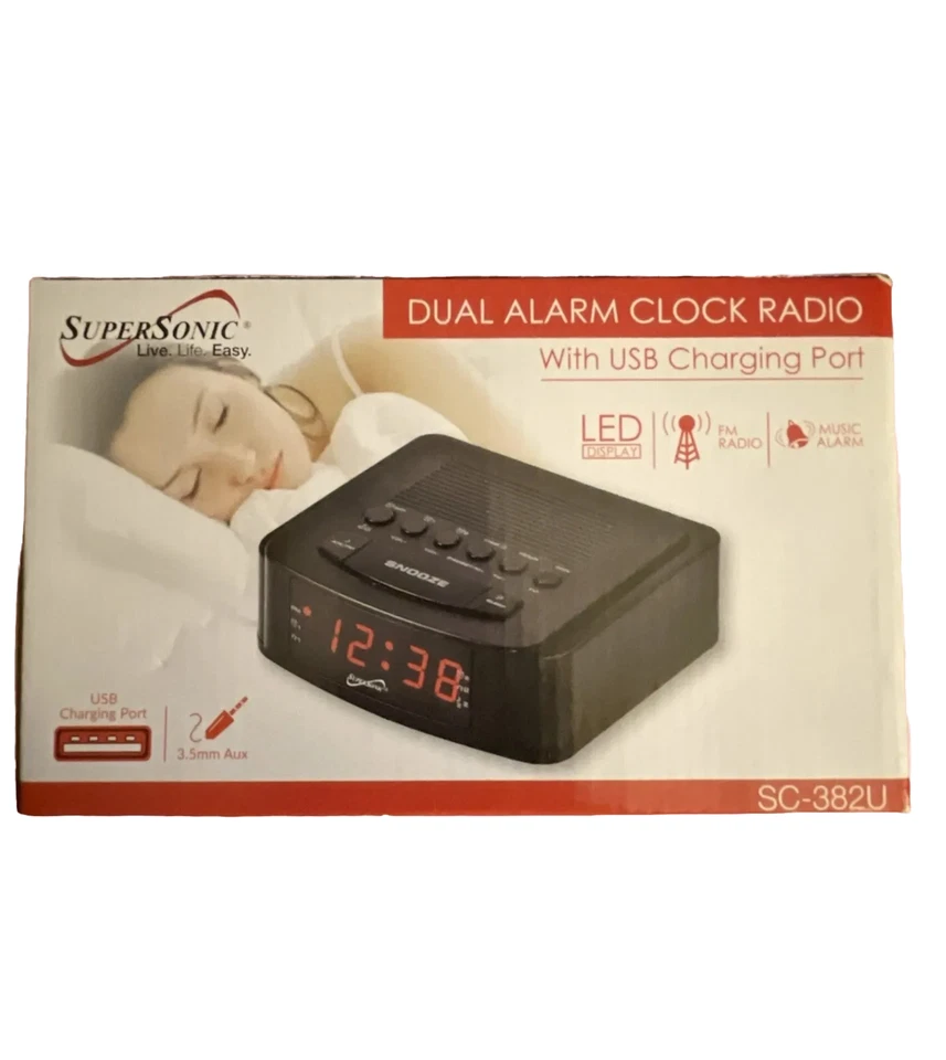 SuperSonic Live Life Easy Dual Alarm Clock Radio with USB Charging Port LED Disp - Image 2 of 3