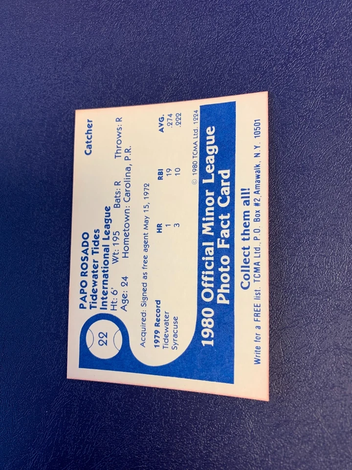 1980 TCMA #22 Papo Rosado RC - Tidewater Tides Minor League Rookie - Image 2 of 2