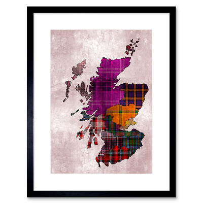 Schottland Karte Tartan Regionen gerahmter Wandkunstdruck 9 x 7 Zoll