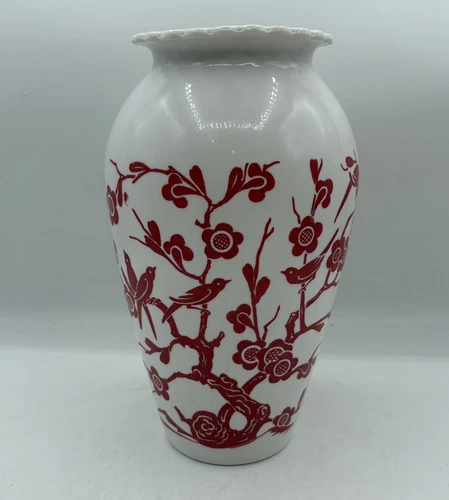 Vintage Anchor Hocking 9" Vase Red Birds Cherry Blossoms Milk Glass