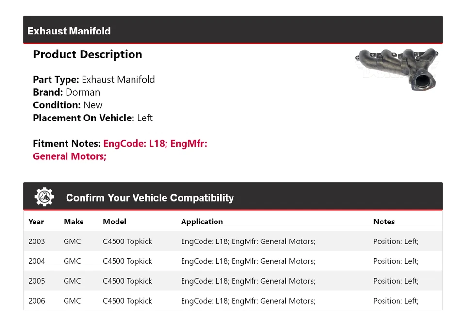 Левый выпускной коллектор для 2003-2006 GMC C4500 Topkick Dorman 2004 2005 - Изображение 2 из 4