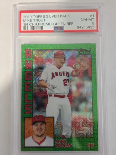 Mike Trout 2019 Topps Chrome Silver Pack 1984—Green Ref/99 #2 PSA 8