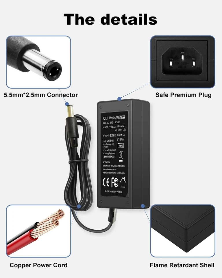 DC Power Cord 12V Power Supply 5A AC DC Adapter 100-240V 50-60Hz to 12 Volt 5 Am - Image 3 of 4