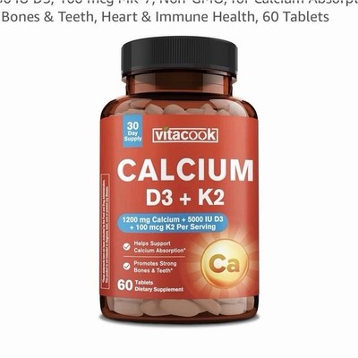 Vitacook Calcium D3 K2 Tablets 1200mg Calcium 5000IU D3 100mcg K2 Non-GMO 60ct