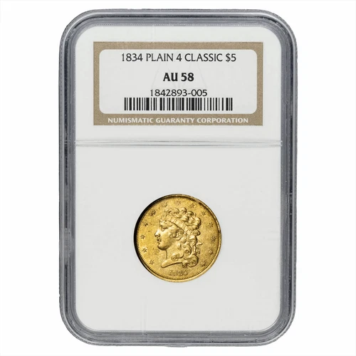 1834 Plain 4 Classic Head Gold Half Eagle $5 NGC AU 58