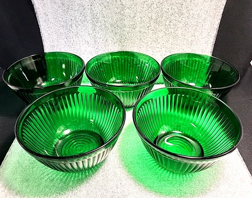 Vtg Set Of 5 Anchor Hocking Forrest Green 4.75" Ribbed Glass Rice/Dessert Bowls