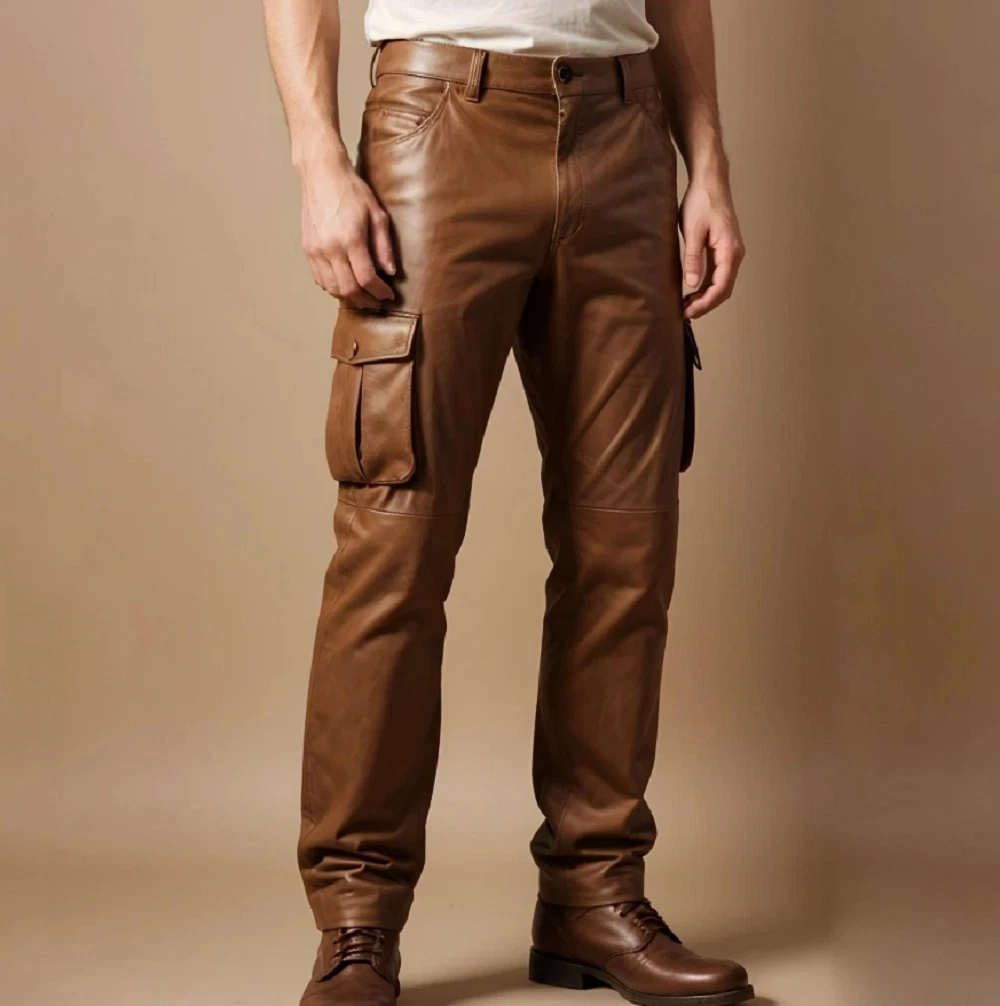 Mens Brown Leather Cargo Pants Genuine Cowhide Utility Trousers Biker Streetwear