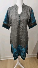 Kurti Women's Large Blue Gray Black Embroidered Lagenlook