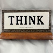 Vintage Early IBM THINK Sign Desktop Double Sided Wood Desk Plaque