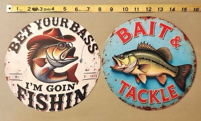2 Bass Fishing 8'' Round Metal Sign Bet Your Bass & Bait Tackle Wall Fish Decor