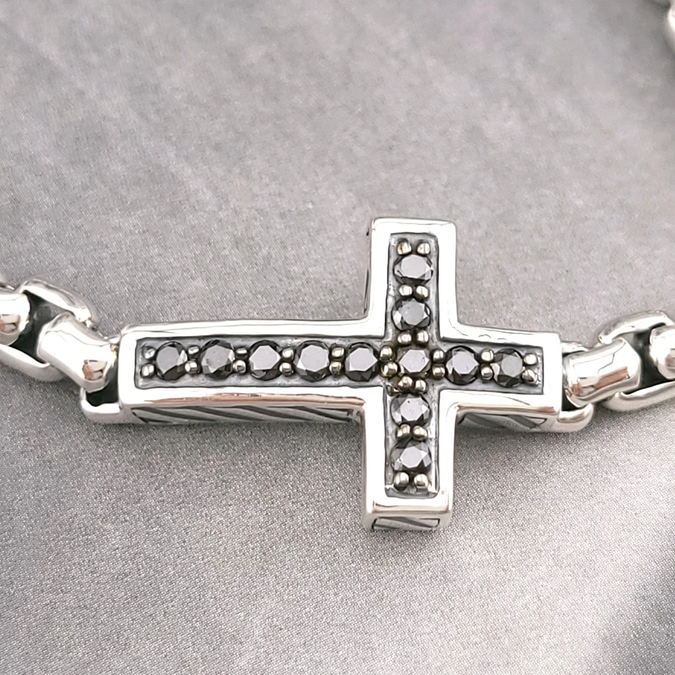 David Yurman 925 Sterling Silver Black Diamond Cross 5'mm Box Chain 8" Bracelet - Image 3 of 4