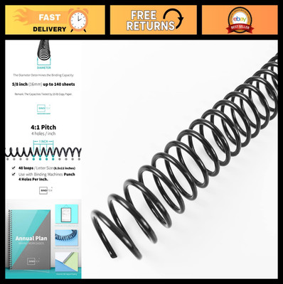 100 Pack Plastic Spiral Binding Coils, 16mm (5/8''), 140 Sheet Capacity, Black, 4