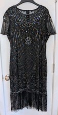 Gatsby Dress 1920's Flapper Costume 2X Black Sequins Beaded Iridescent Fringe